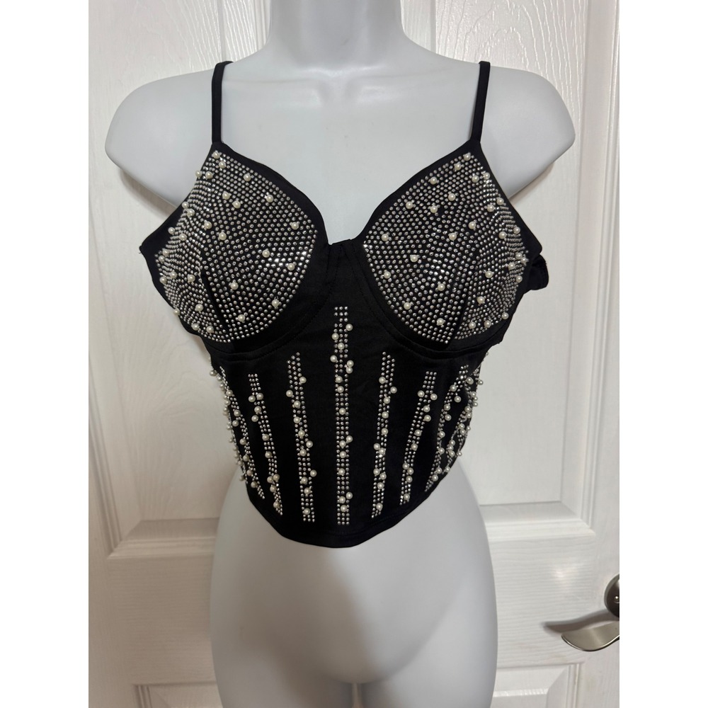 Julia by Love J Black Pearl Rhinestone Corset Crop Top Large Sweetheart Neck